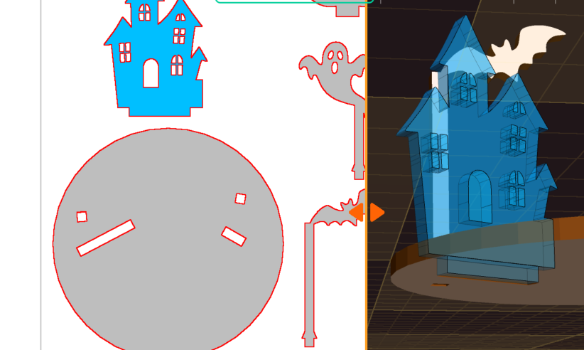 Auto Hole Cutting demonstration showing 2D flat layout with holes on the left and 3D view with haunted house assembly on the right